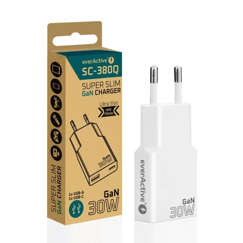 everActive GaN SUPER SLIM SC-380Q wandlader met USB QC3.0 en USB-C PD 30W aansluiting