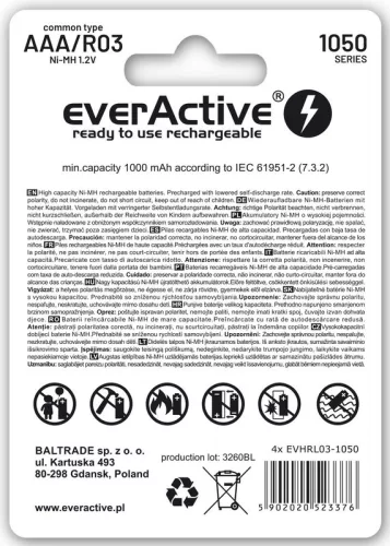 everActive R03/AAA Ni-MH 1050 mAh 1,2V oplaadbare Ni-MH accu, set van 4