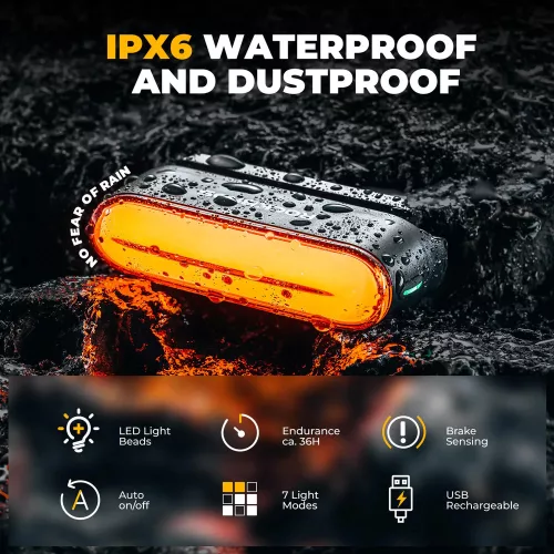 ROCKBROS 24120009001 achterlicht met remsensor, magnetische bevestiging, 7 lichtmodi, USB-oplaadbaar, IPX6 waterdicht