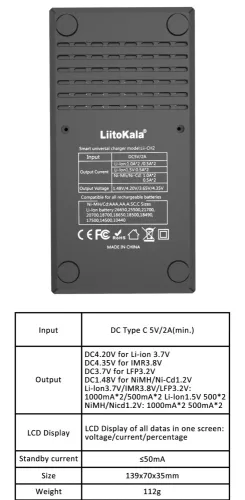 LiitoKala Lii CH2 batterijoplader voor Ni-MH, 1,5V en 3,6V Li-ion batterijen