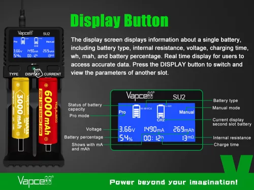 Vapcell SU2 snellader voor Ni-MH, 1,5V en 3,6V Li-ion batterijen