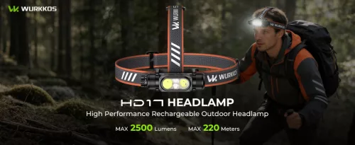 Wurkkos HD17 Krachtige hoofdlamp, 2500 lumen, 220 m bereik, spotlicht, vloedlicht & rood licht, constante stroomdriver & eenvoudige UI