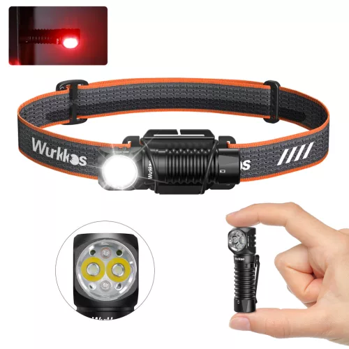 Wurkkos HD12 Mini lamp, wit en rood licht, USB-C oplaadbare 14500/AA hoofdlamp, eenvoudig bedieningspaneel, instelbare hoofdband