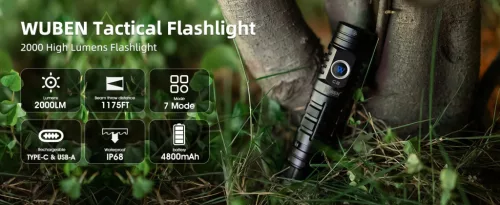 WUBEN C2 high-power LED zaklamp, 2000 lumen, oplaadbaar, IP68 waterdicht, 7 modi