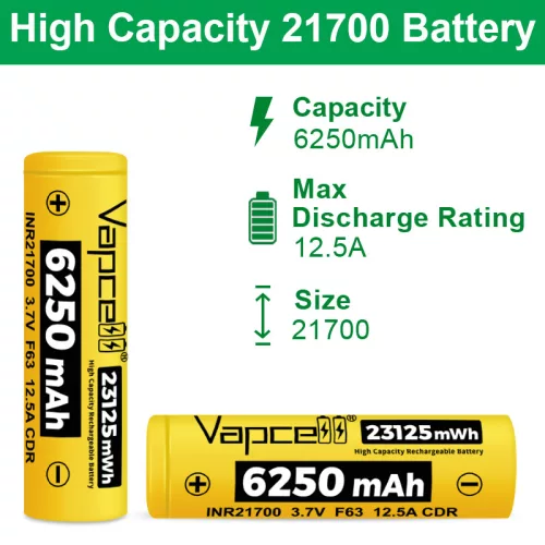 Vapcell F63 6250 mAh oplaadbare 21700 Li-ion accu 12,5A belastbaarheid